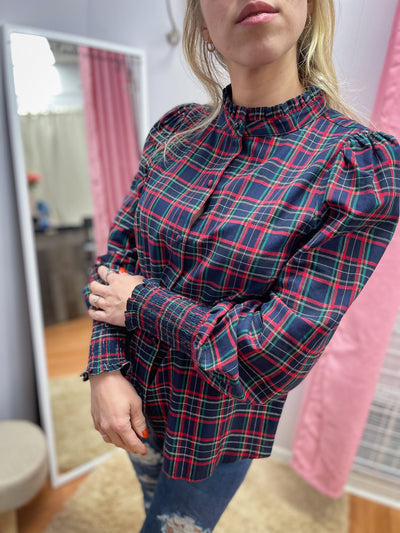 Women’s navy red plaid long sleeve button down top – Sugarlips boutique clothing