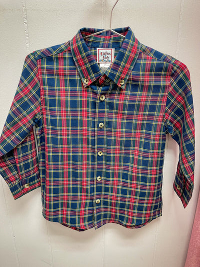 Boys navy tartan plaid button front top – boutique holiday plaid clothing