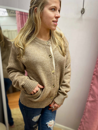 Women’s mocha cream knit button-up cardigan – cozy boutique fall sweater