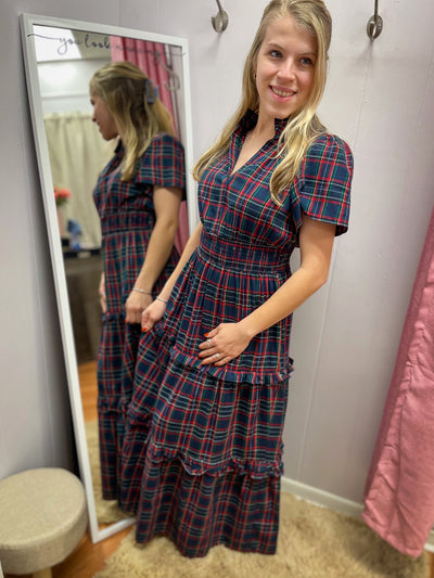 Women’s red and navy plaid tiered maxi dress – Sugarlips boutique holiday dress
