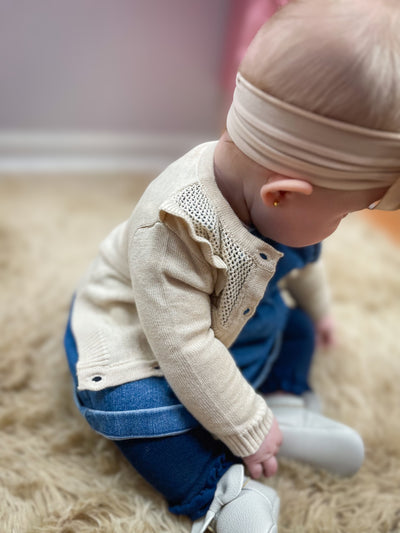 Girls heather oatmeal knit ruffle trim cardigan – RuffleButts boutique sweater